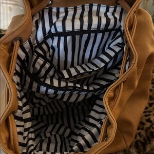 Tan Leather Tote Bag with Striped Interior
